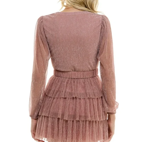 B Darlin Juniors’ Metallic V-Neck Belted Tiered Dress, Long Sleeve - Picture 2 of 4